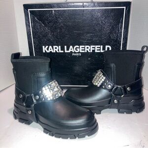 New Karl Lagerfeld Rylie Black Biker Boots Crystal Embellished/Studded SZ 5 NWB